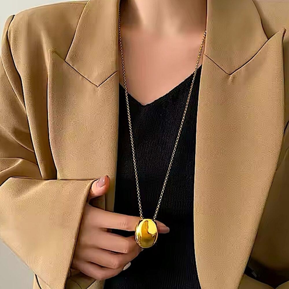 Gold Minimalist Long Oval Sweater Necklace  Stainless Steel Pendant Waterproof